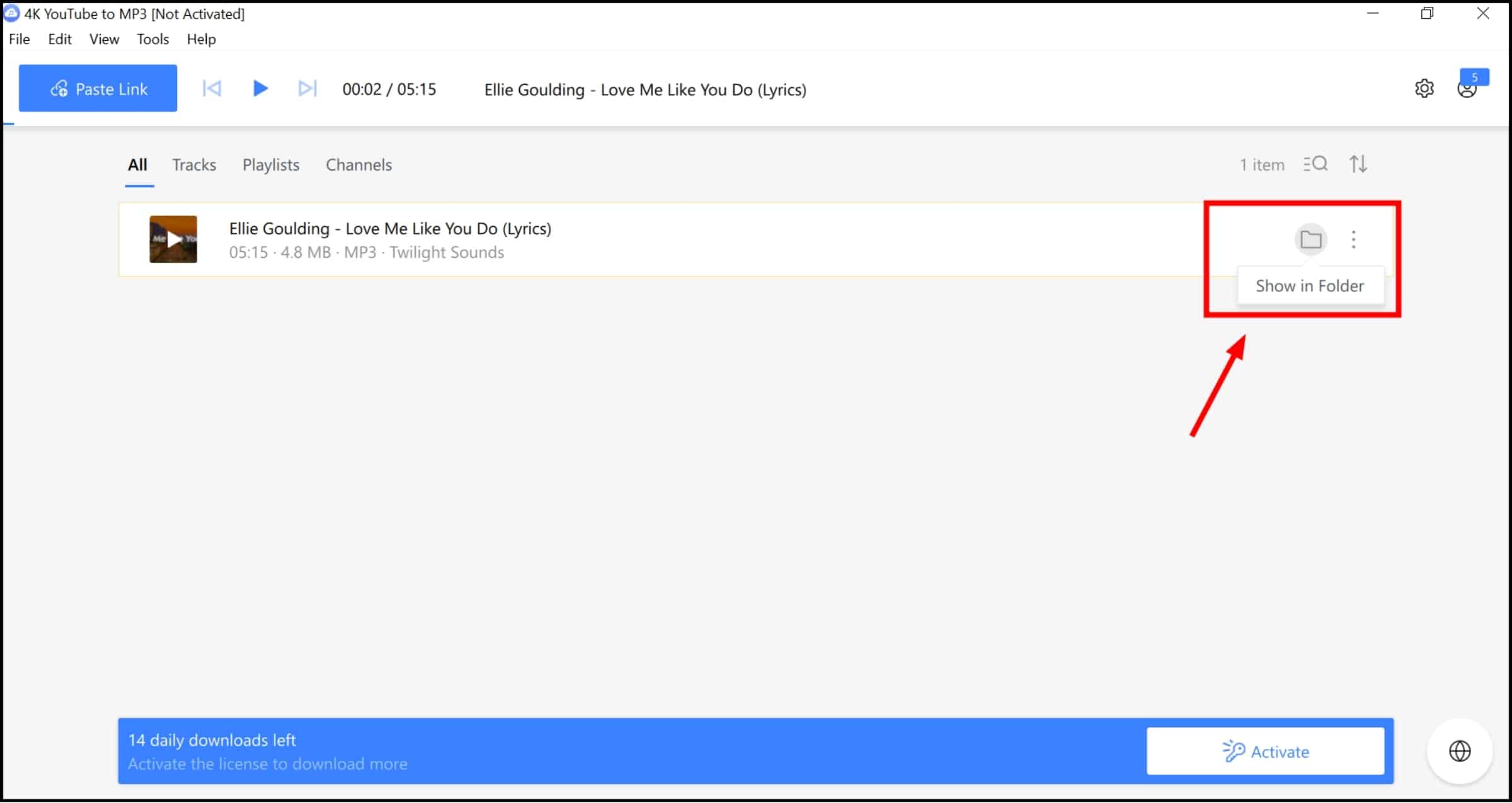 يمكنك تشغيل ملف MP3 في البرنامج أو العثور على الملف على جهاز الكمبيوتر الخاص بك بالنقر على إظهار في المجلد