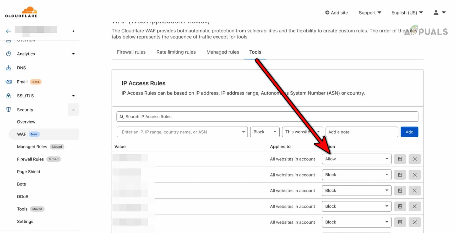Add the IP as an Allowed One in the Cloudflare's WAF Tools