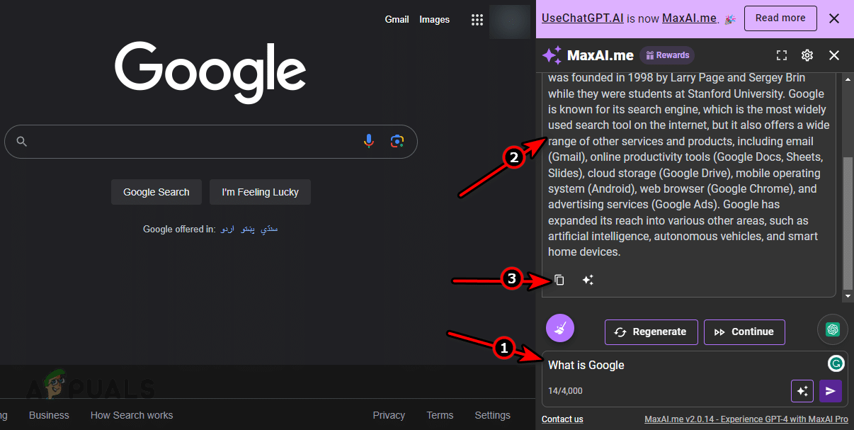 اطرح استفسارًا وانسخ الاستجابة من إضافة MaxAI
