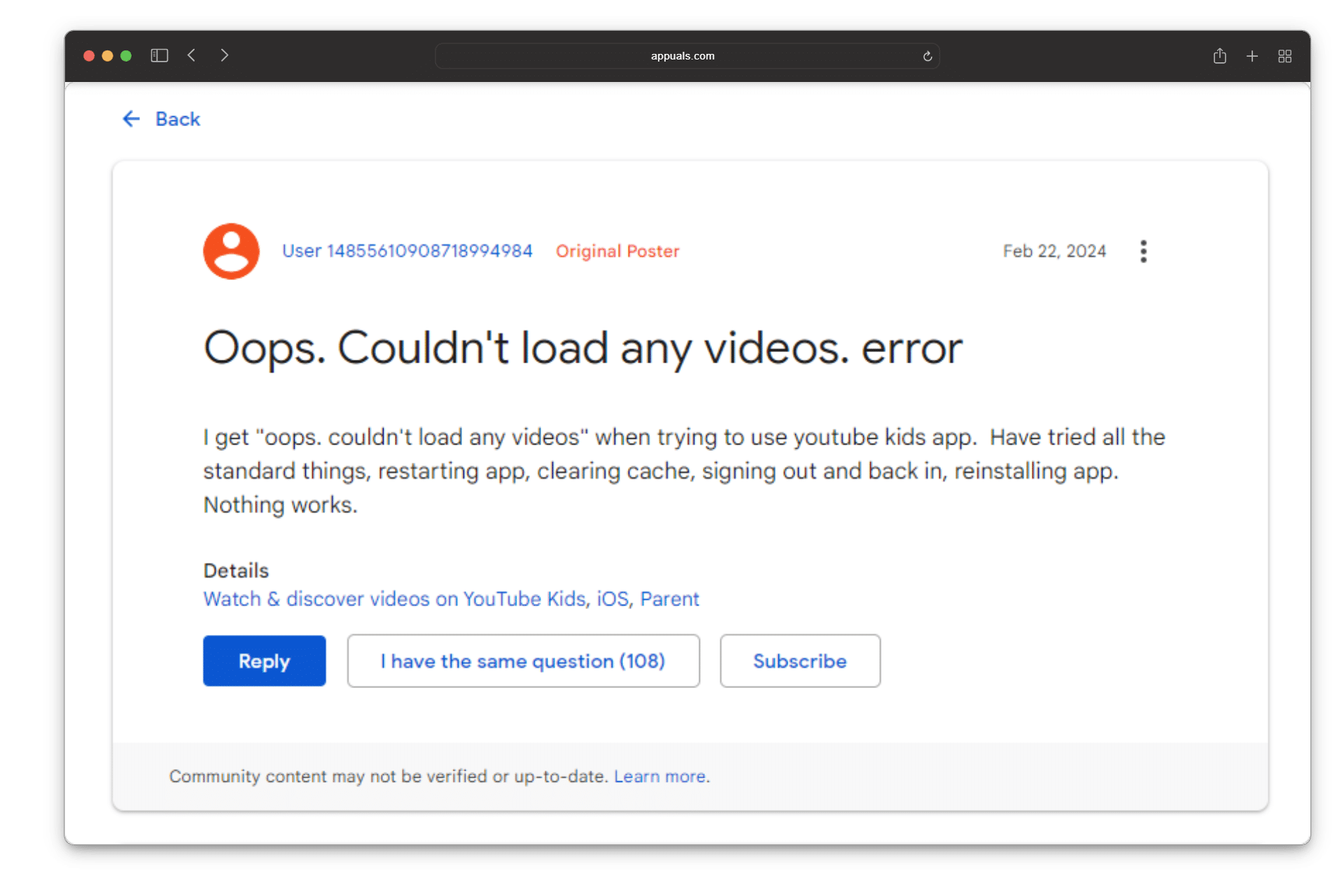 شكوى خطأ YouTube Kids