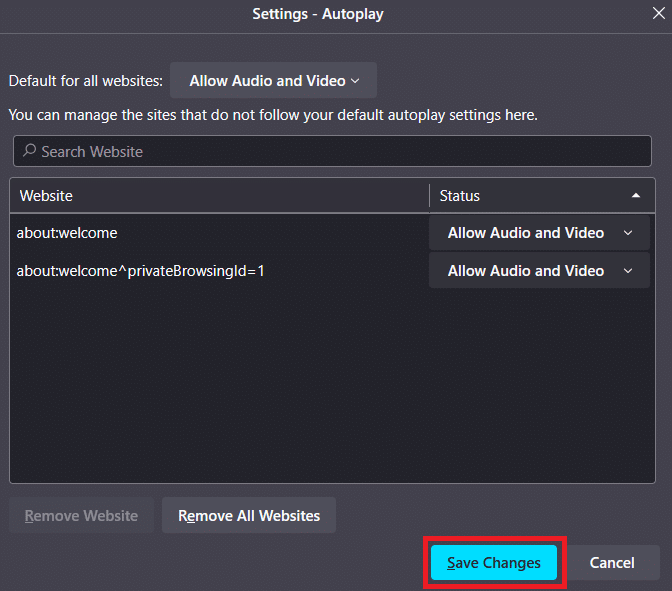 زر حفظ التغييرات في إعدادات التشغيل التلقائي في Firefox