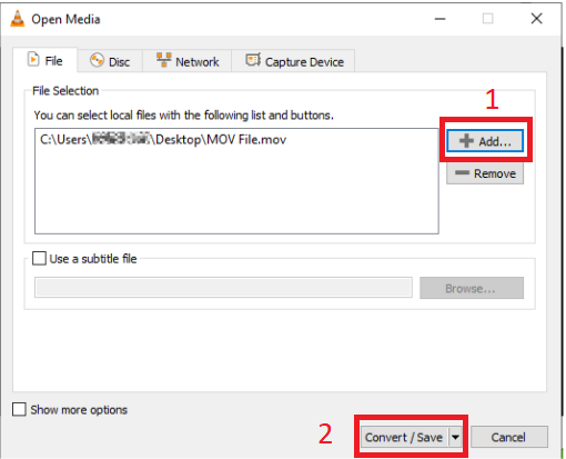زر إضافة في نافذة تحويل/حفظ