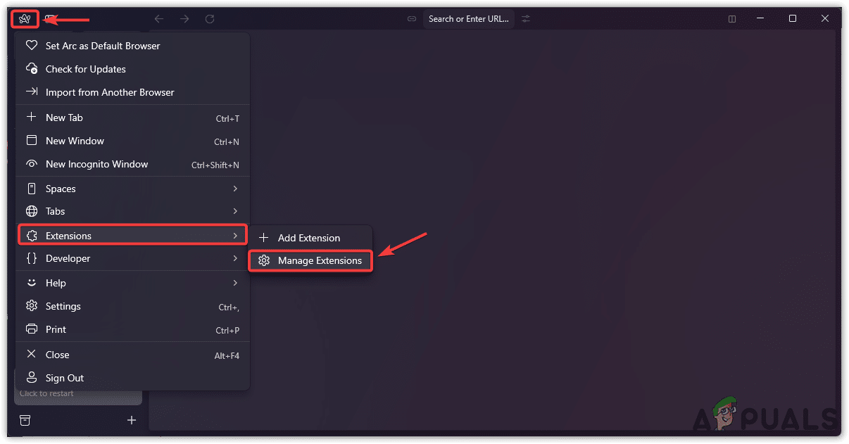 إدارة إضافات متصفح Arc