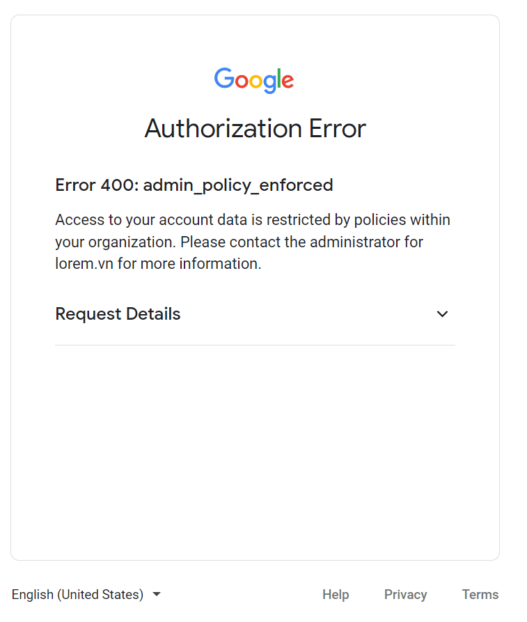 حل مشكلة 400 admin_policy_enforced في Google Workspace