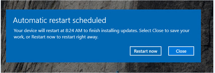 رسالة تم جدولة إعادة تشغيل تلقائية