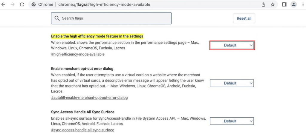 تعطيل وضع الكفاءة في Chrome