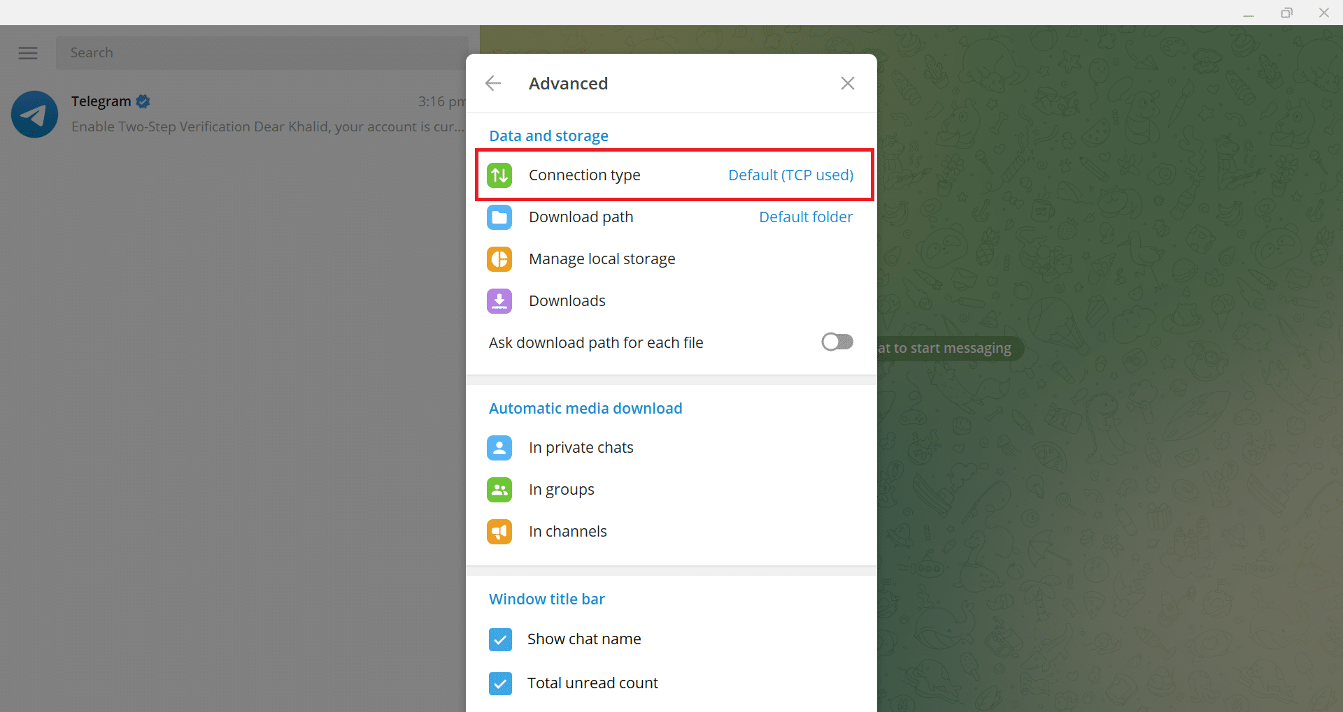 انقر على "نوع الاتصال"