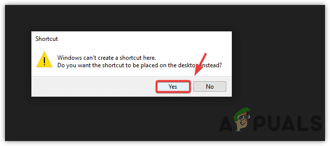 النقر على نعم لإنشاء اختصار على سطح المكتب