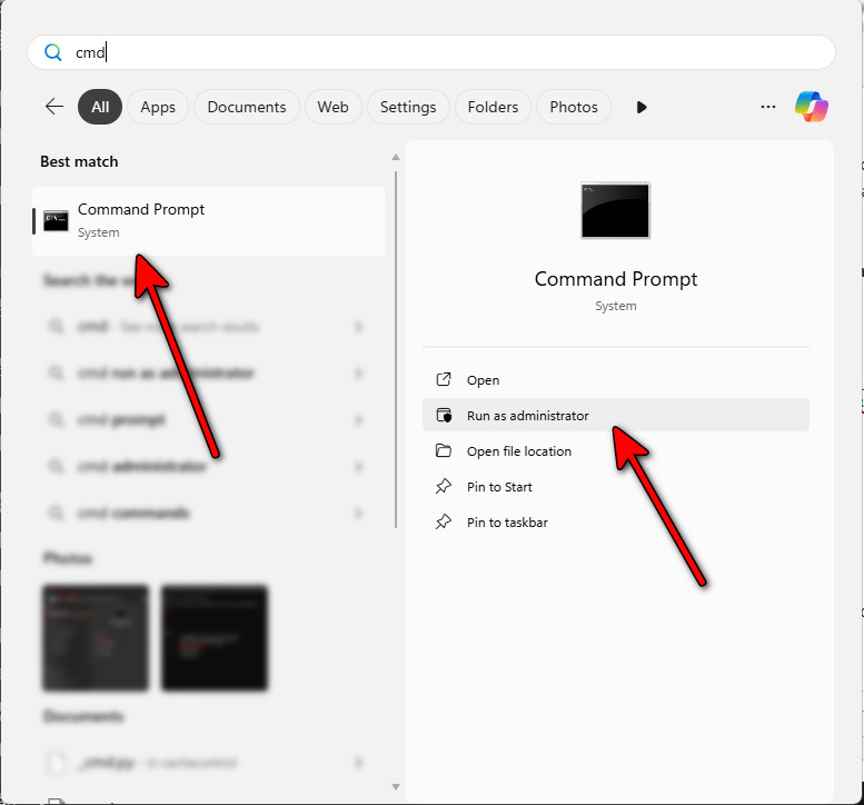 تشغيل موجه الأوامر كمسؤول من شريط بحث Windows