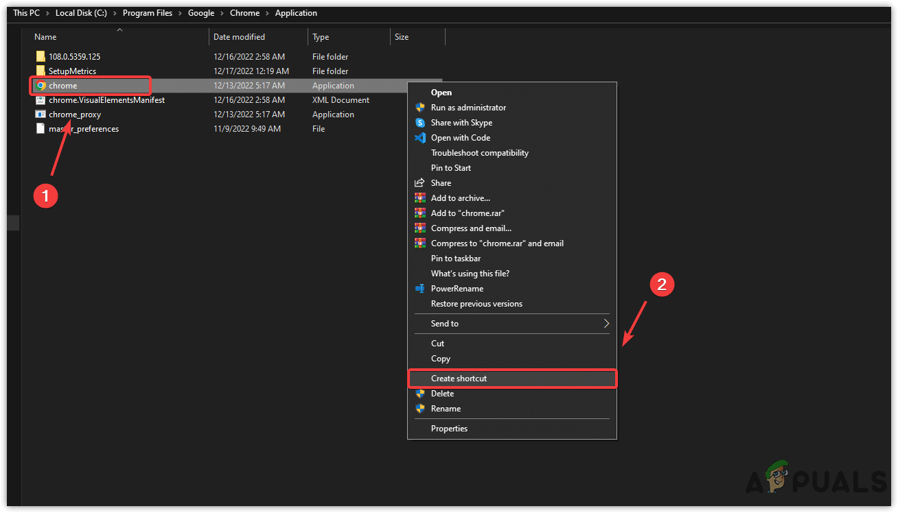 إنشاء اختصار لـ Chrome