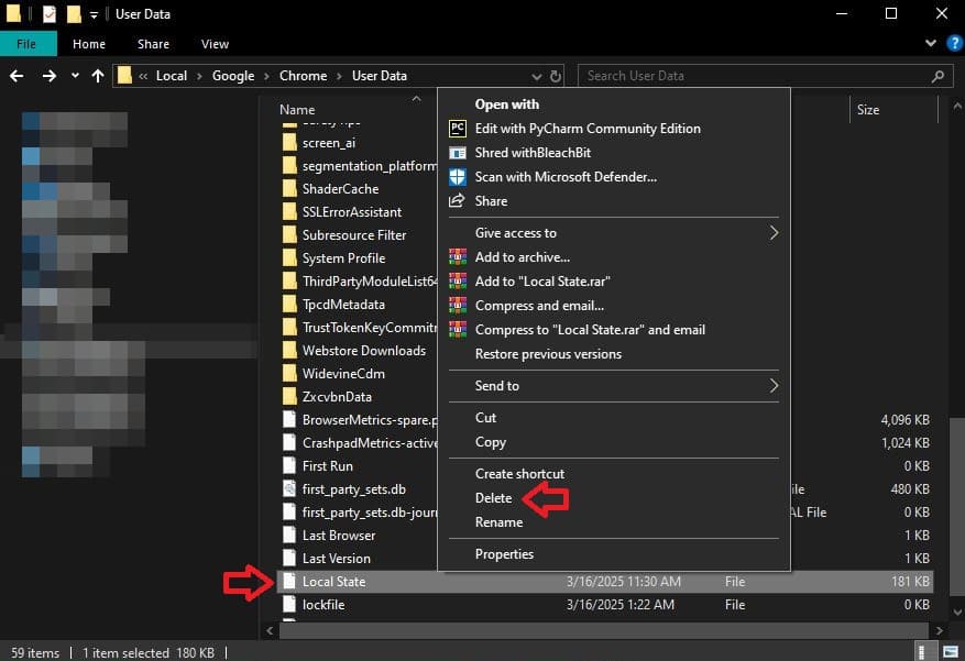 حذف ملف Local State في Chrome