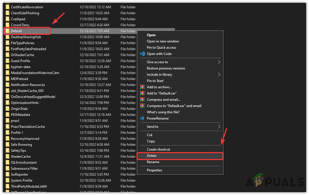 حذف مجلد إعدادات Chrome