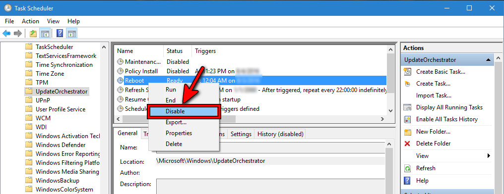 تعطيل مهمة Reboot في UpdateOrchestrator