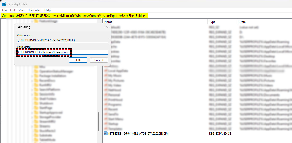 تعديل مسار حفظ لقطات الشاشة في محرر السجل