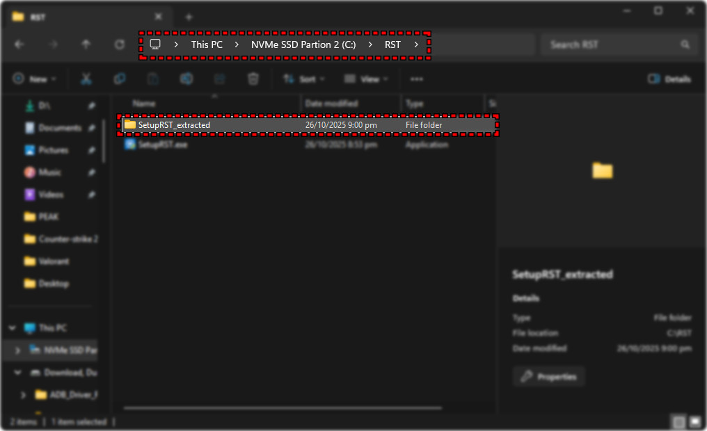 مجلد RST المستخرج الذي يحتوي على ملفات INF و SYS