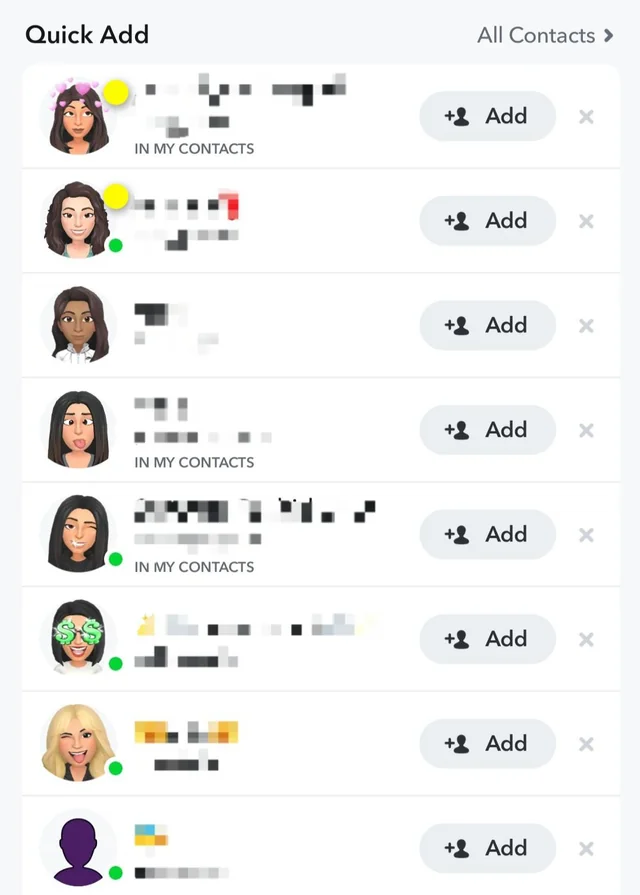النقطة الخضراء في Snapchat بجوار الملف الشخصي المقترح