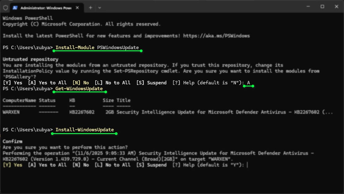 تثبيت تحديثات Windows باستخدام PowerShell