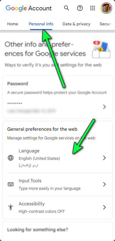 خيار اللغة في إعدادات حساب Google