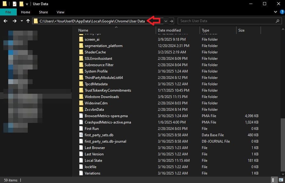 موقع مجلد Local State في Chrome
