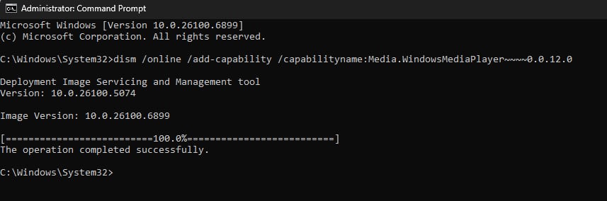 أمر DISM لـ Windows Media Player