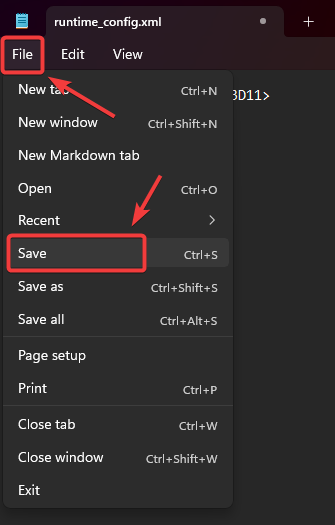 محرر المفكرة يظهر خيار الحفظ
