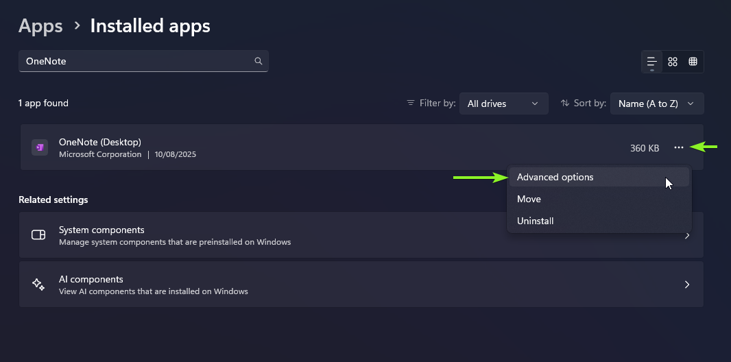 لقطة شاشة لـ Advanced Options