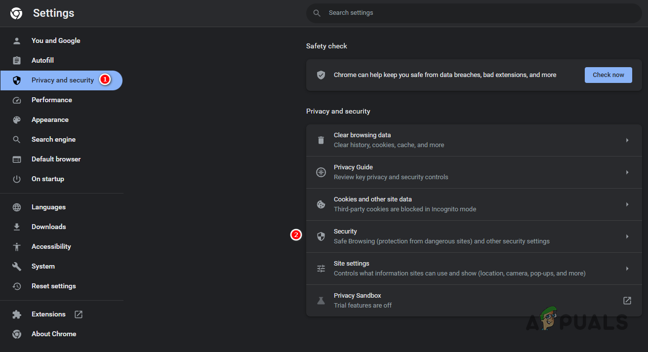 فتح إعدادات أمان Chrome