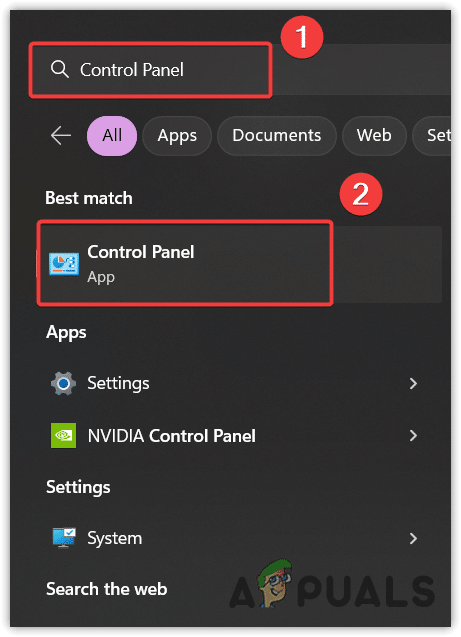 فتح لوحة التحكم بالبحث من قائمة ابدأ