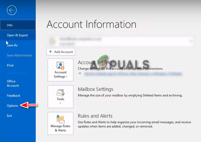 فتح خيارات Outlook