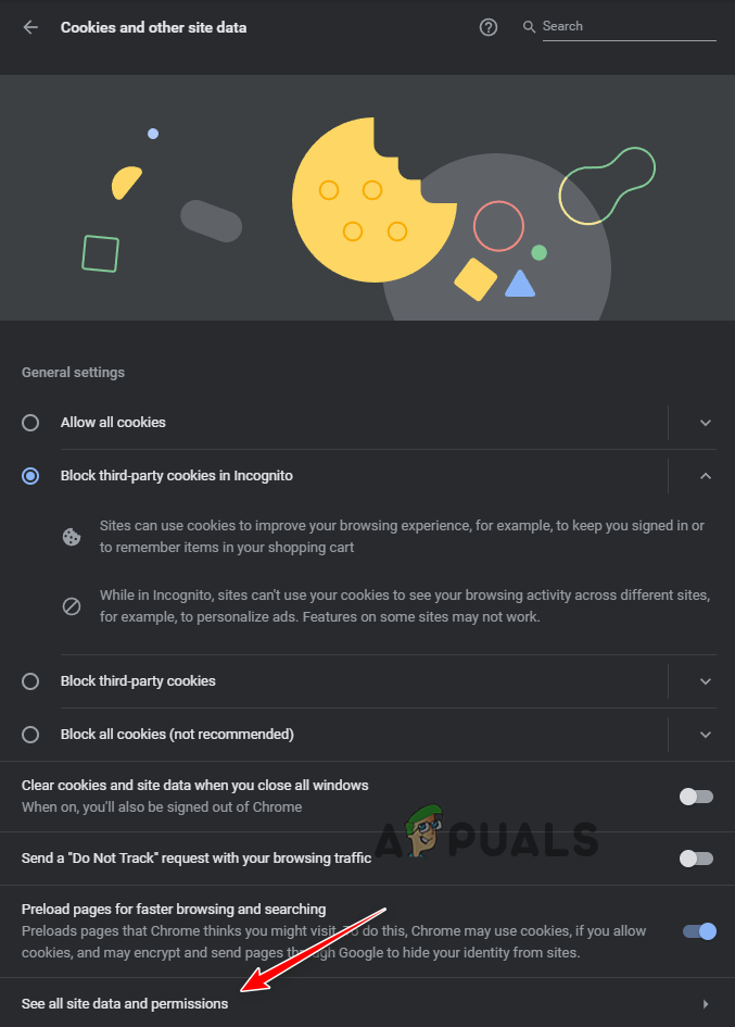 فتح قائمة بيانات المواقع والأذونات