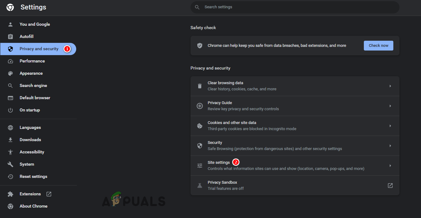 فتح إعدادات المواقع