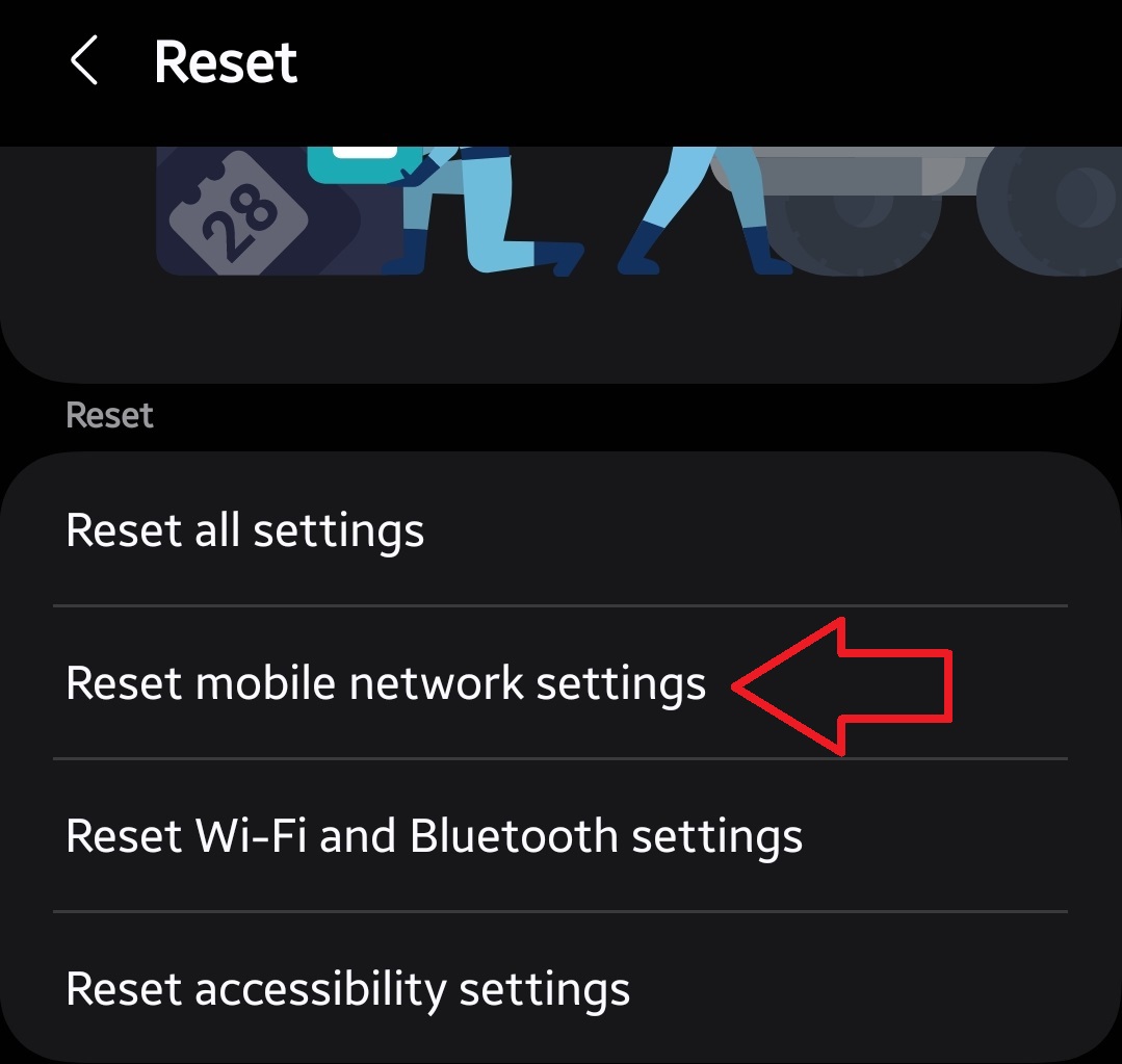 خيار إعادة ضبط شبكة الجوّال