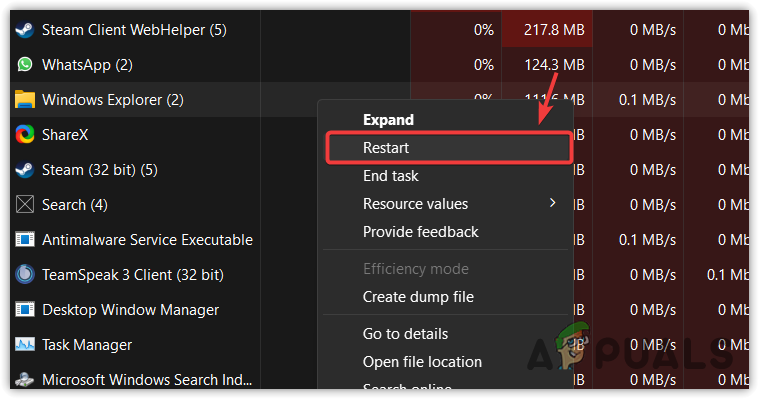 إعادة تشغيل مستكشف Windows من مدير المهام