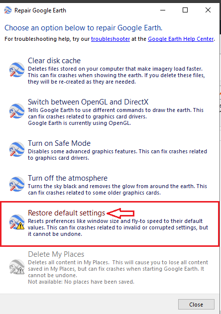 زر استعادة الإعدادات الافتراضية