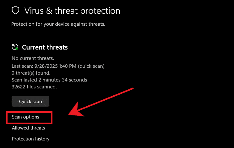 لقطة شاشة لخيارات الفحص في أمان Windows