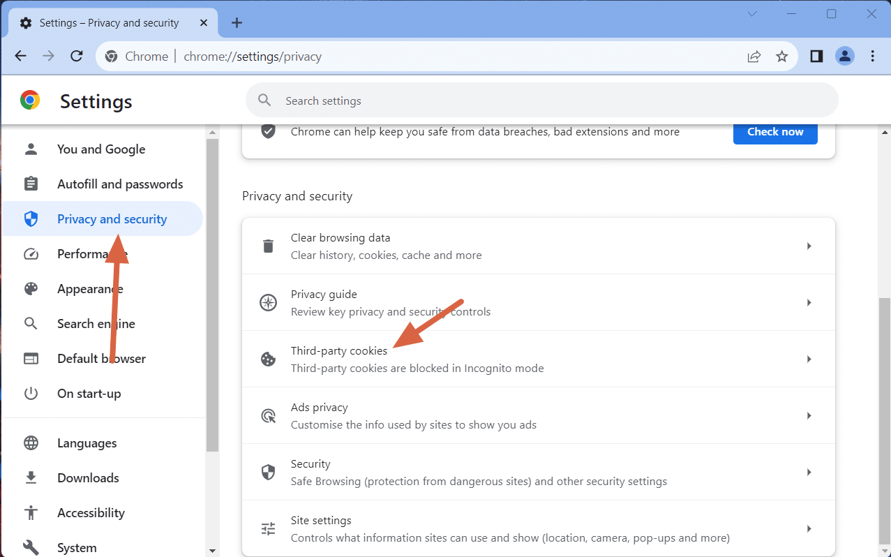 الإعدادات > الخصوصية والأمان > ملفات تعريف الارتباط للجهات الخارجية