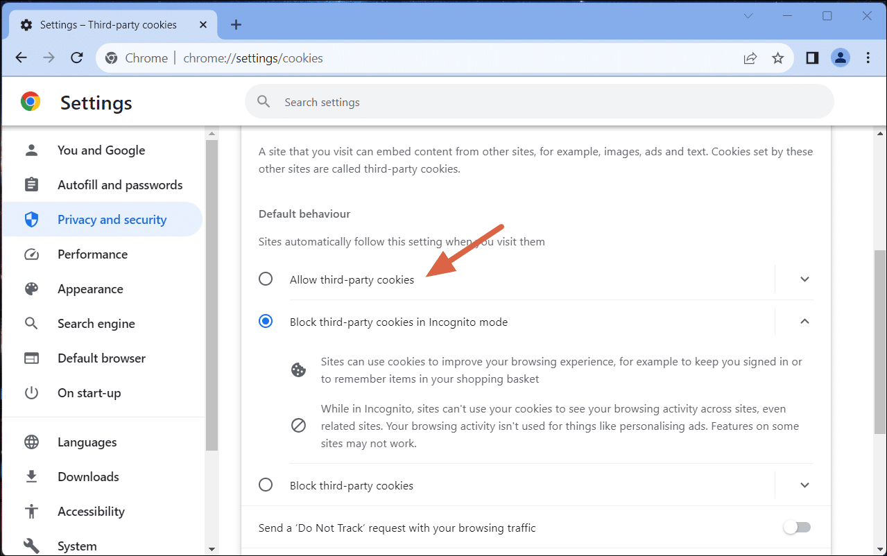 السماح بجميع ملفات تعريف الارتباط في Chrome