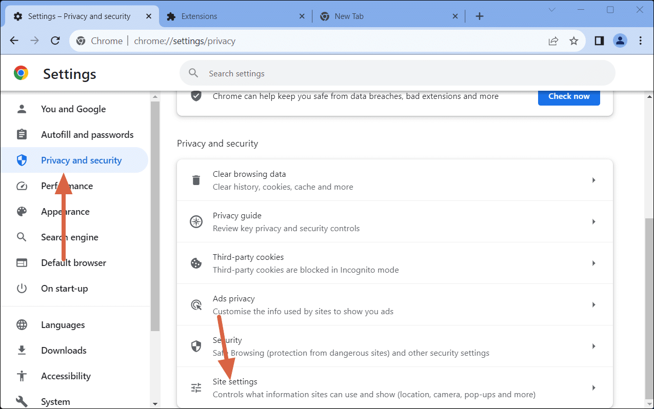 الإعدادات > الخصوصية والأمان > إعدادات المواقع
