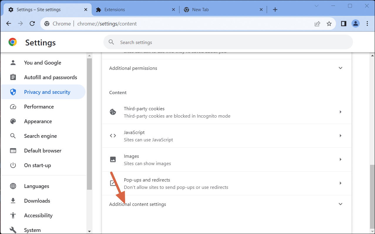 إعدادات المحتوى الإضافية في Chrome