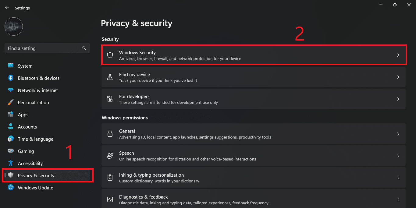 لقطة شاشة لعلامة تبويب الخصوصية والأمان في إعدادات Windows