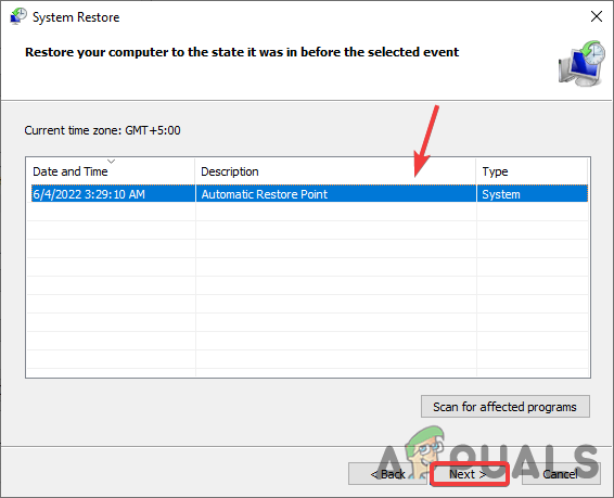 اختر نقطة استعادة