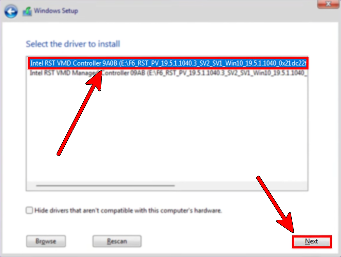 تحديد برنامج تشغيل RST للتثبيت