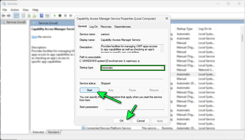 صورة توضح إعداد نوع بدء التشغيل لخدمة مدير الوصول إلى الإمكانات إلى تلقائي