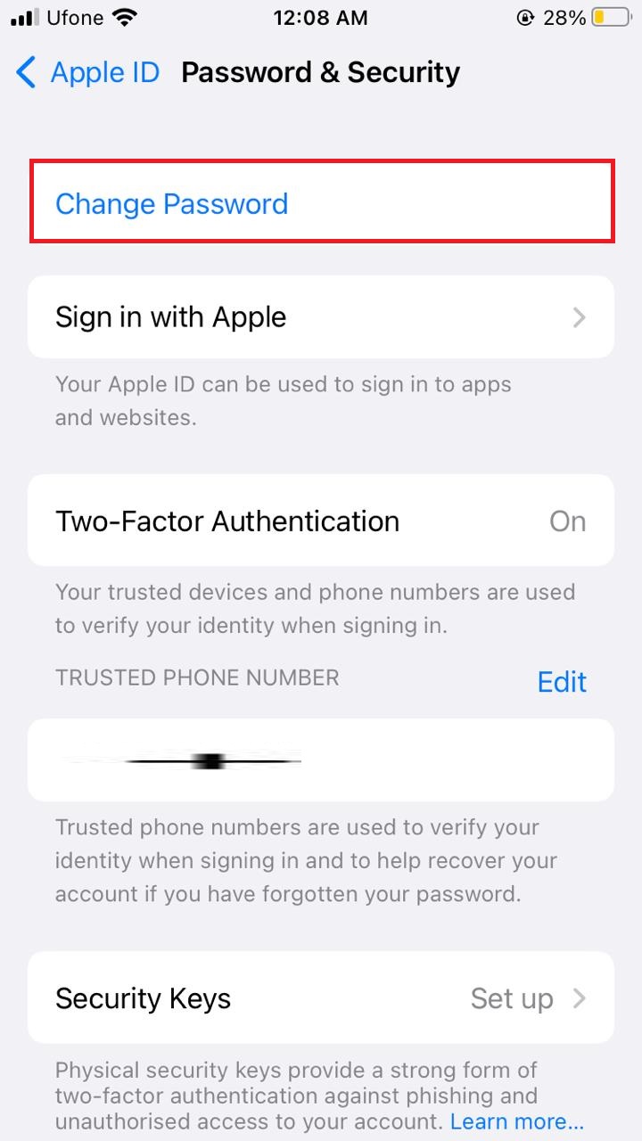 تغيير كلمة مرور Apple ID