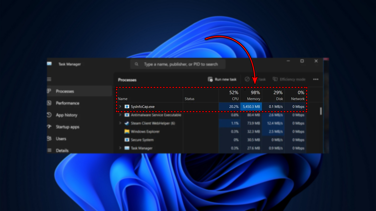 مدير المهام يظهر SysInfoCap.exe يستهلك استخدامًا عاليًا للذاكرة في Windows، مما يسبب تباطؤًا في النظام.
