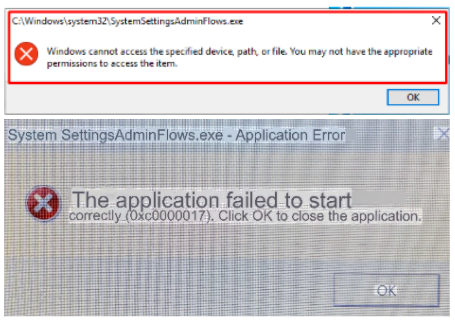 خطأ SystemSettingsAdminFlows.exe 0xc0000017