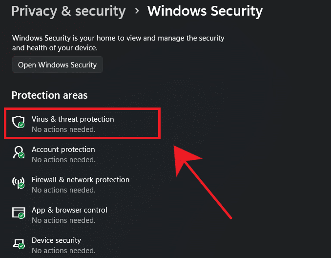 لقطة شاشة لصفحة الحماية من الفيروسات والتهديدات