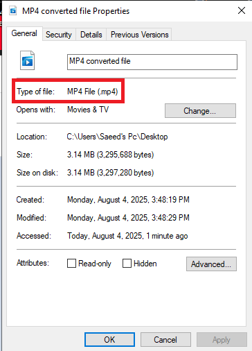 نوع الملفات في خصائص الفيديو