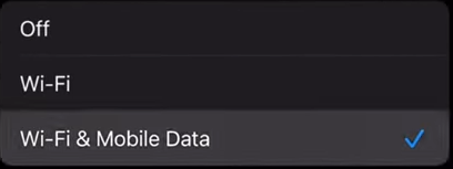 تم تحديد Wi-Fi وبيانات الجوال في إعدادات تحديث التطبيقات في الخلفية