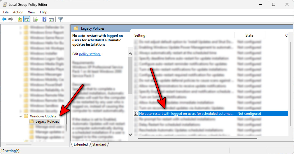 نهج مجموعة Windows Update لعدم إعادة التشغيل التلقائي